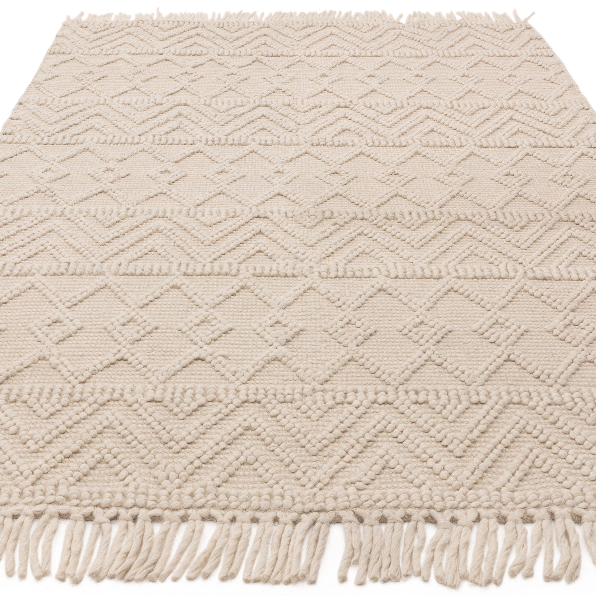 Bobble and Fringe Boho Rug in Ivory